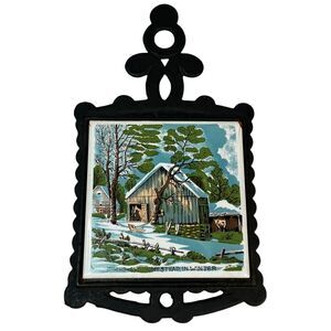 Vintage Currier and Ives Kitchen Cast Iron Tile Trivet "The Old Homestead" Japan